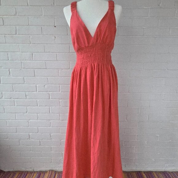 Abercrombie & Fitch Size Small Scrunchie Strap Linen Blend Midi Dress in Coral - Picture 4 of 8